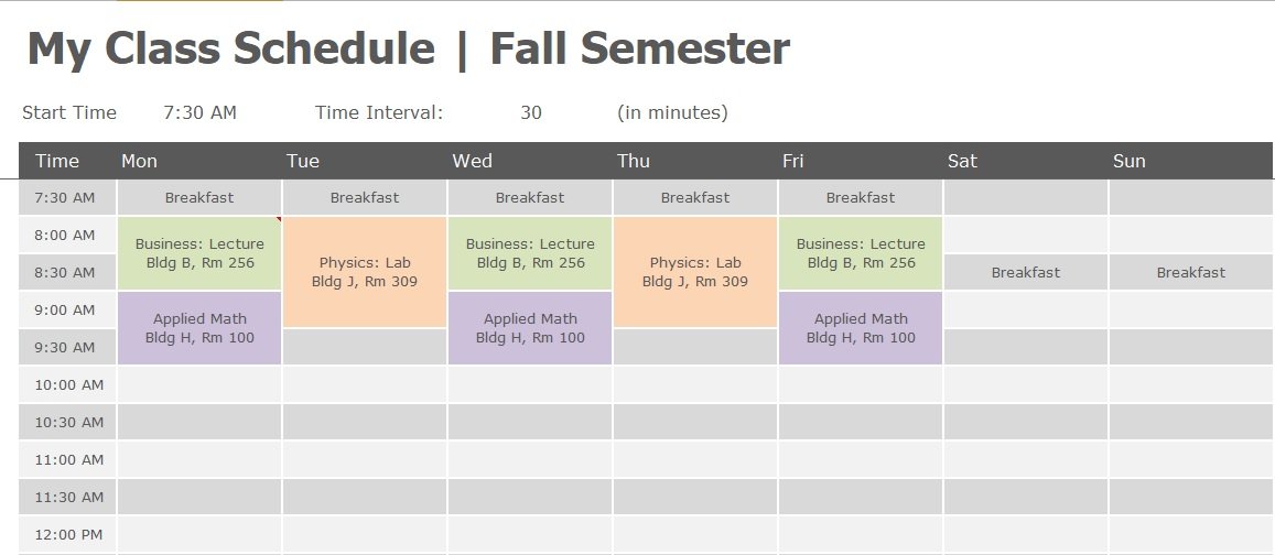 Weekly Class Schedule Template Excel