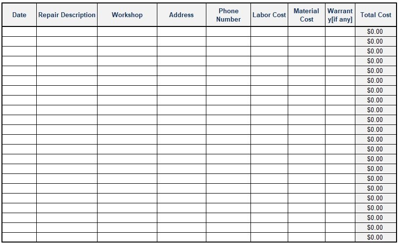 Vehicle Maintenance Checklist Template - Excel TMP