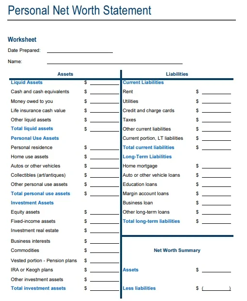 Personal Net Worth Statement Template For Excel - Excel TMP