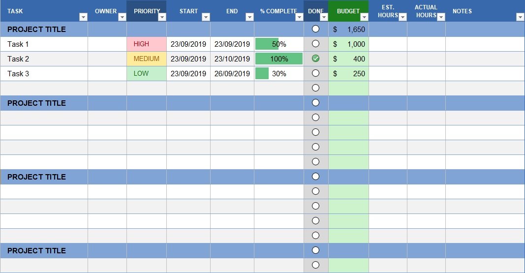 Free Project Task List Template (Excel, Word, PDF) - Excel TMP