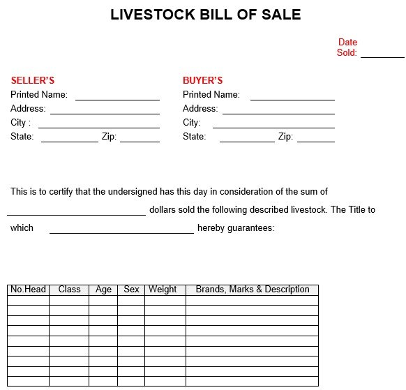 Free Livestock Bill of Sale Form (Word / PDF) - Excel TMP