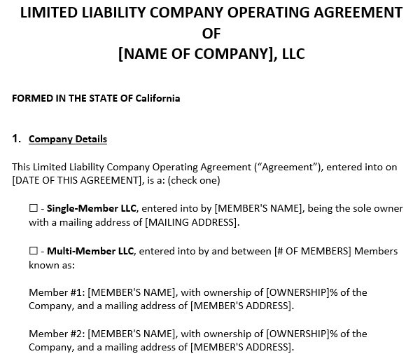 Free California LLC Operating Agreement Template (Word / PDF) Excel TMP