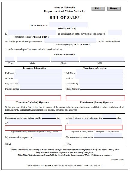 Free Nebraska Car Bill of Sale Form (Word / PDF) - Excel TMP