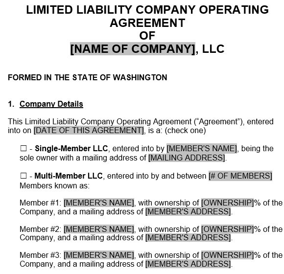 Free Washington LLC Operating Agreement Templates (Word / PDF) - Excel TMP